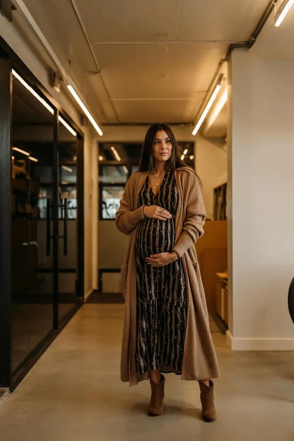 Striped Midi Dress with Oversized Camel Cardigan