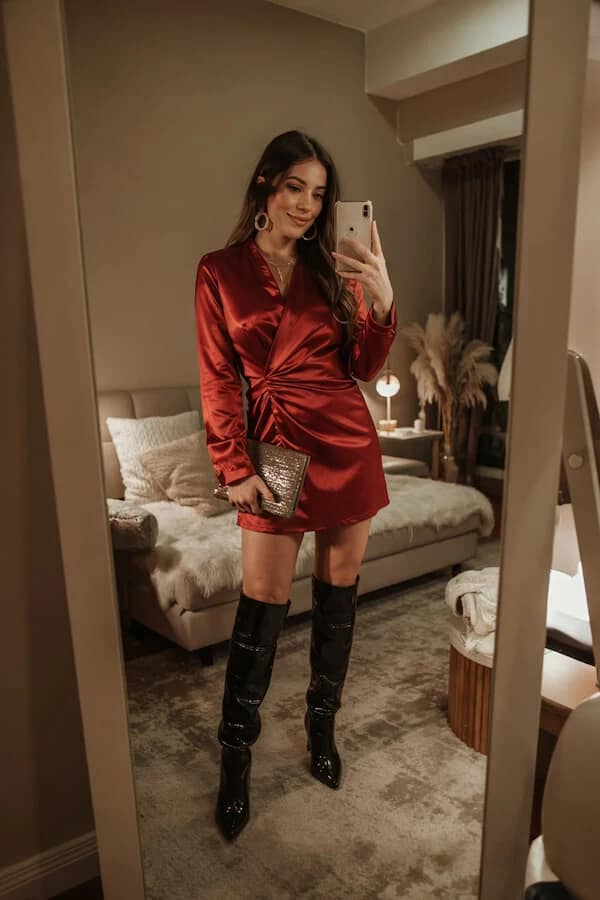 Red Satin Wrap Dress Outfit with Black Knee-High Boots