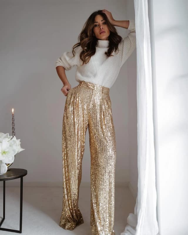 Cream Sweater Gold Sequin Trousers Party Outfit