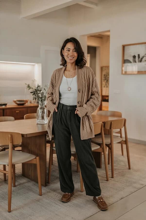 Beige Cable Knit Cardigan Outfit with Black Wide-Leg Trousers