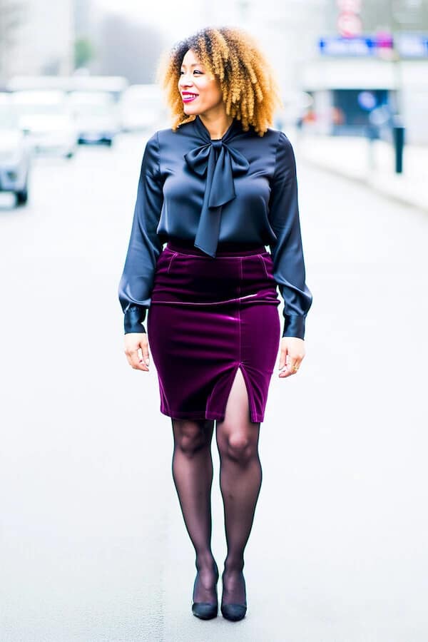 Navy Bow Blouse Plum Velvet Skirt Outfit