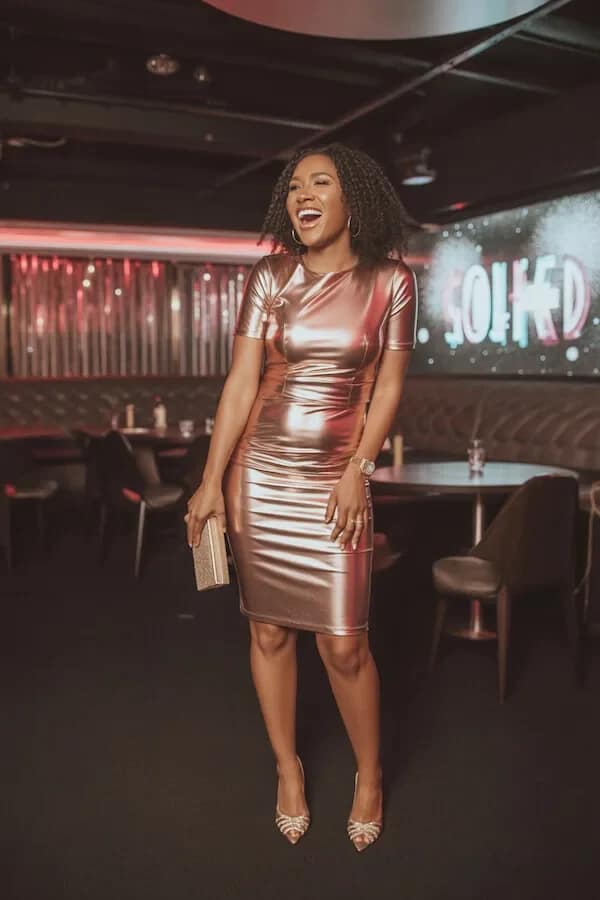 Rose Gold Metallic Dress Outfit with Embellished Heels
