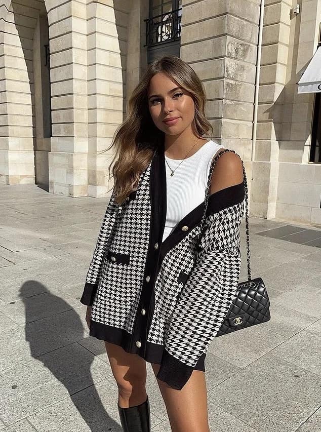 Houndstooth Cardigan Outfit with Black Shorts