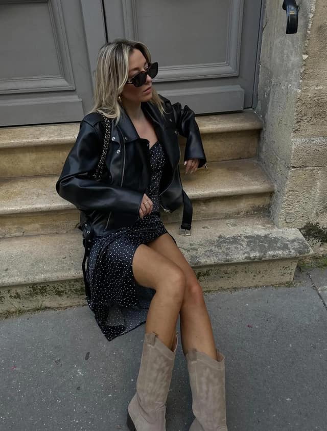 Black Leather Jacket Polka Dot Dress Outfit with Slouchy Boots