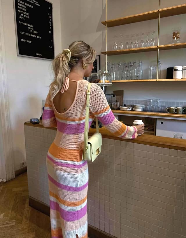 Striped Crochet Maxi Dress with Open Back Pink Orange