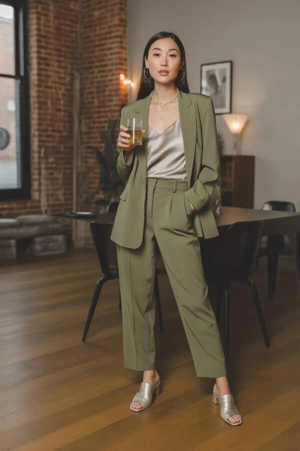 Sage Green Suit Outfit with Silk Camisole and Gold Sandals
