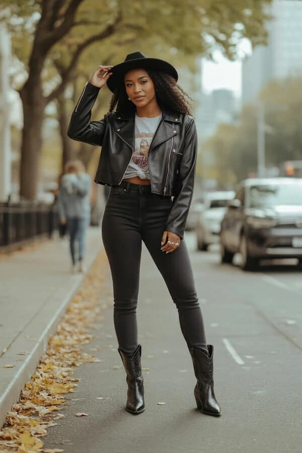 Black Leather Moto Jacket Outfit with Skinny Jeans