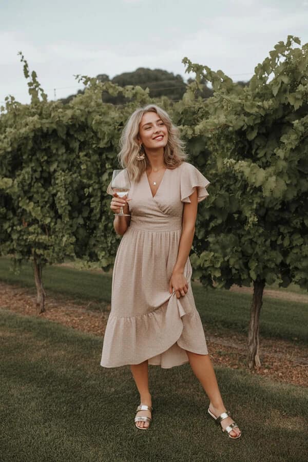 Beige Wrap Dress Outfit with Flutter Sleeves for Summer
