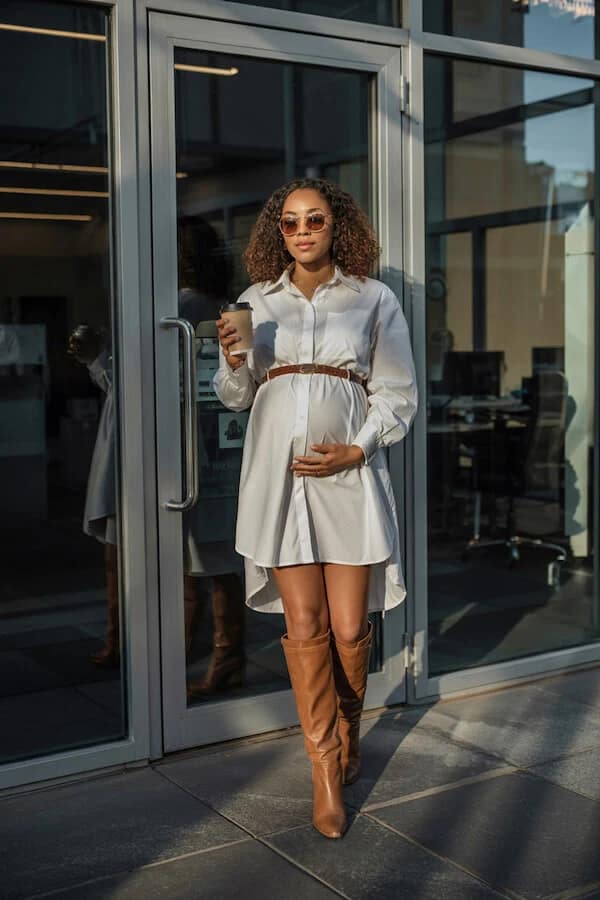 White Shirt Dress Outfit with Tan Knee-High Boots