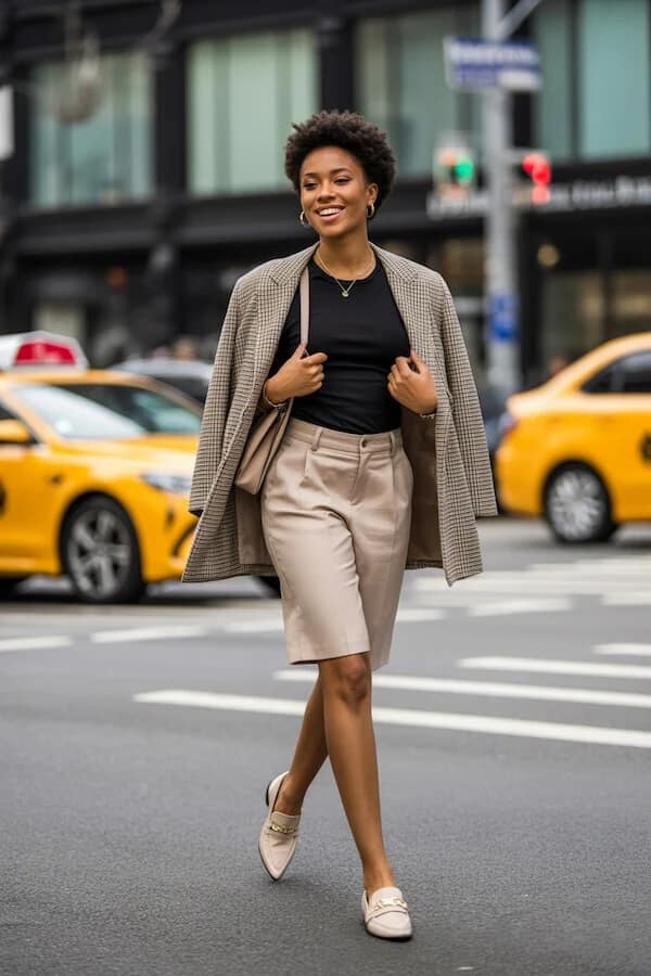 Checked Blazer Bermuda Shorts Outfit for Work