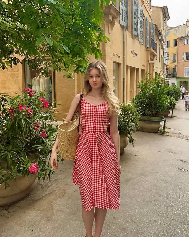 Red Gingham Midi Dress Outfit with Straw Basket Bag