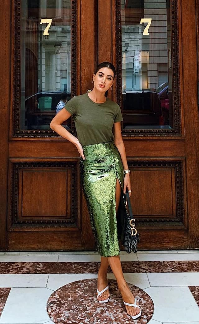 Olive Tee Green Sequin Skirt Outfit with White Mules