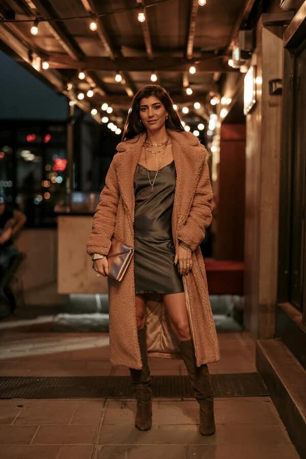 Camel Teddy Coat Olive Slip Dress Outfit