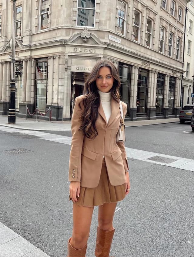 Camel Blazer Pleated Mini Skirt Outfit with Turtleneck