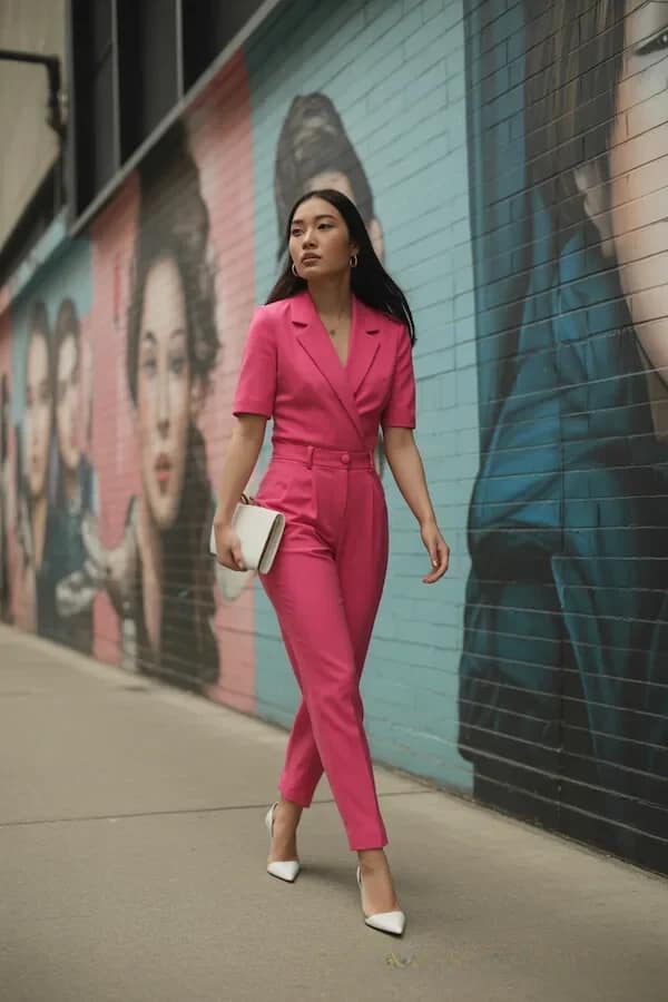Hot Pink Belted Jumpsuit Outfit with White Pumps
