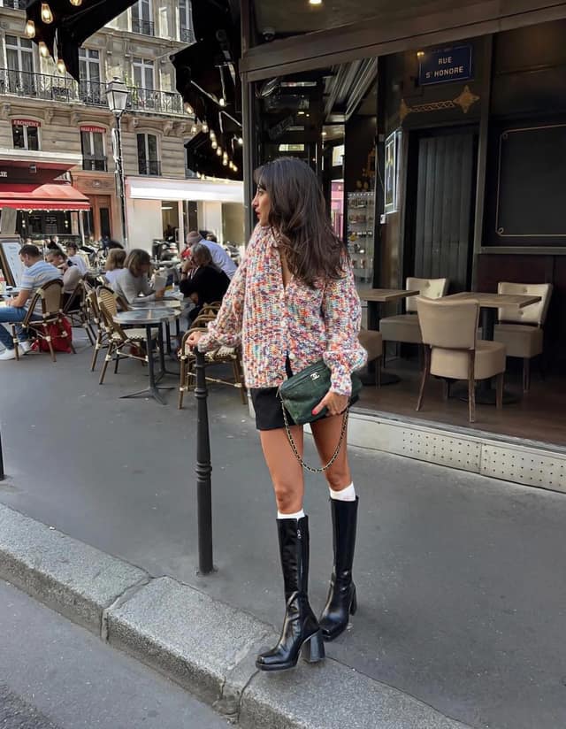 Multicolor Tweed Jacket Outfit with Knee-High Boots