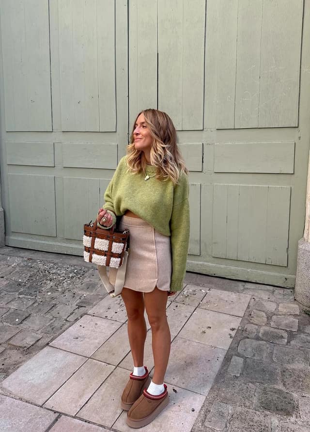 Olive Green Sweater Beige Mini Skirt Fall Outfit