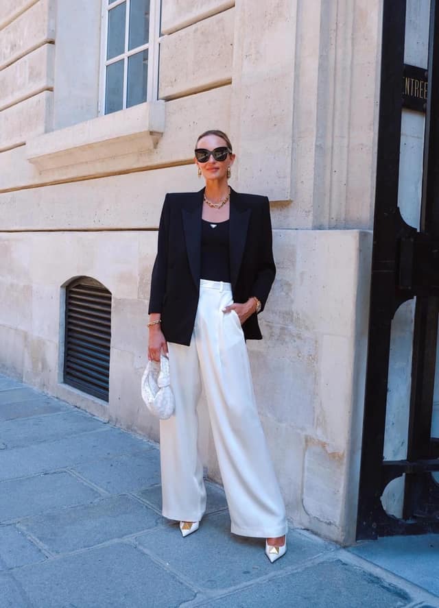 Black Blazer White Wide-Leg Trousers Outfit
