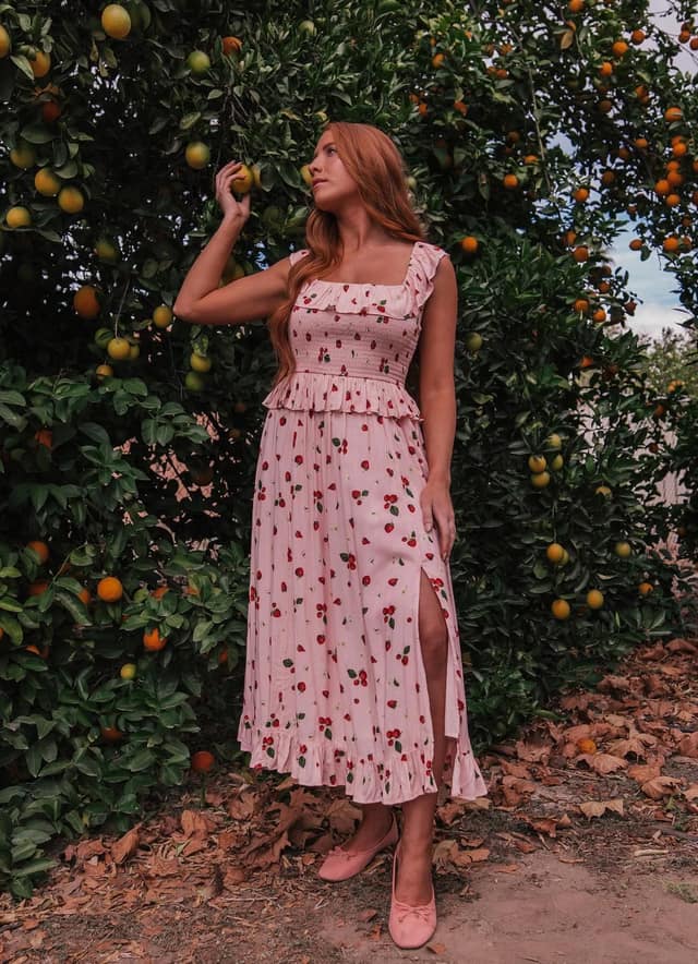 Pink Cherry Print Midi Dress Summer Outfit
