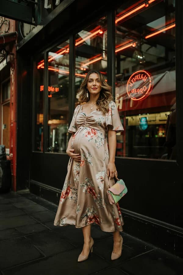 Champagne Floral Satin Midi Dress Outfit with Nude Heels