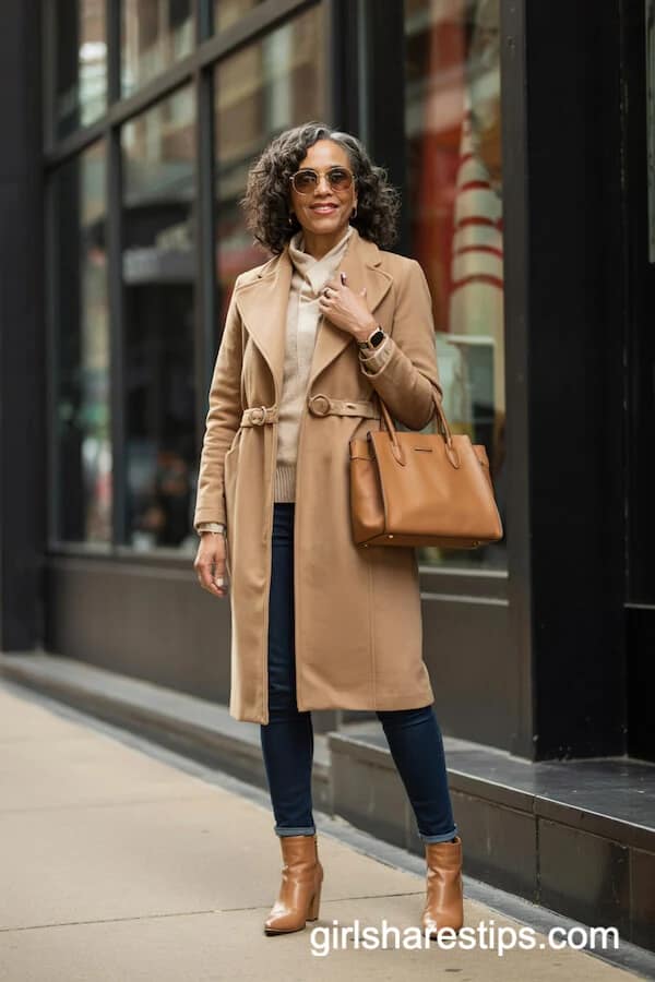 Camel Trench Coat Outfit with Dark Jeans and Cognac Boots
