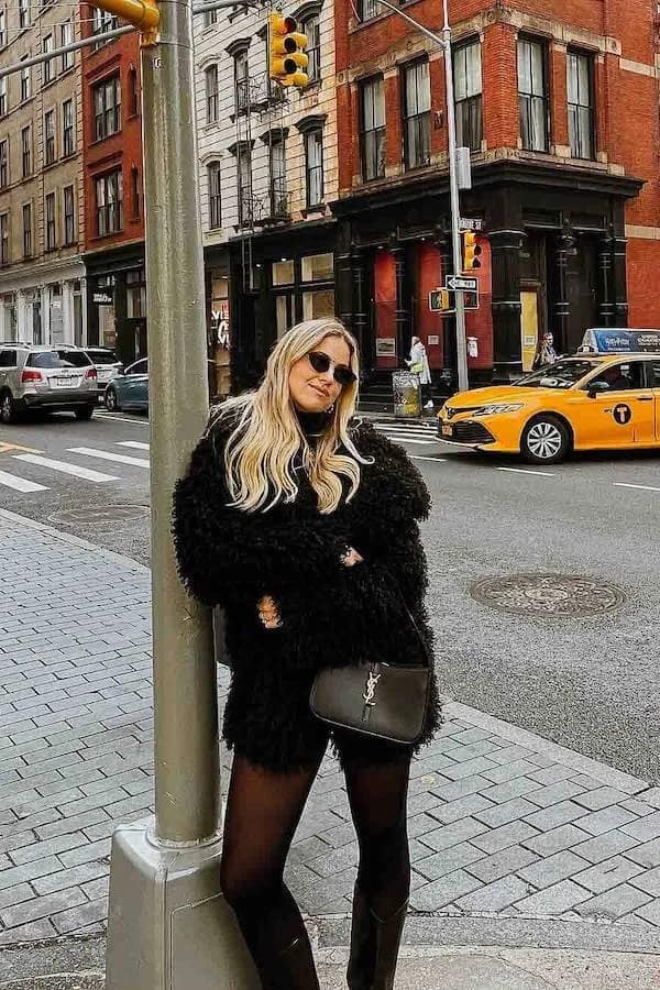 Black Teddy Coat Outfit with Mini Skirt and Boots