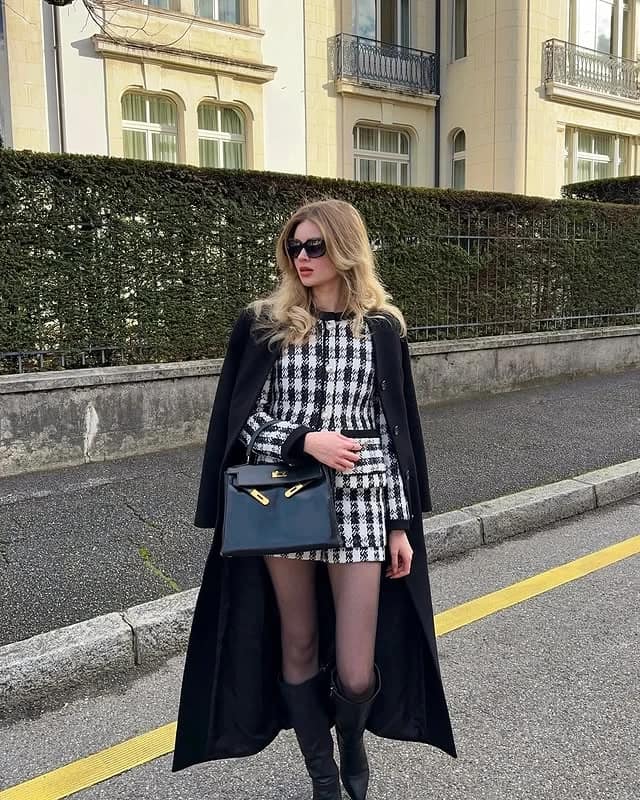 Houndstooth Tweed Skirt Suit Outfit with Long Black Coat