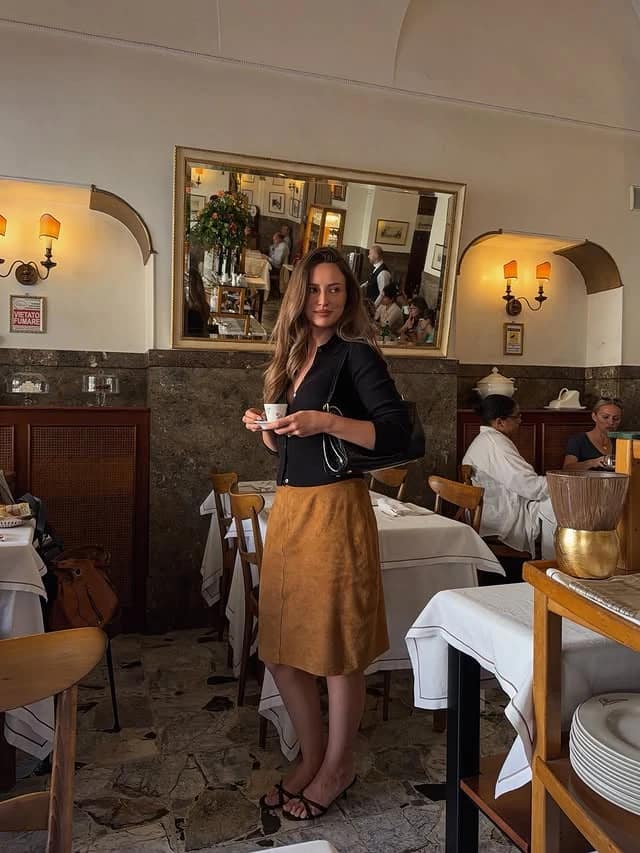 Black Shirt Camel Midi Skirt Summer Outfit