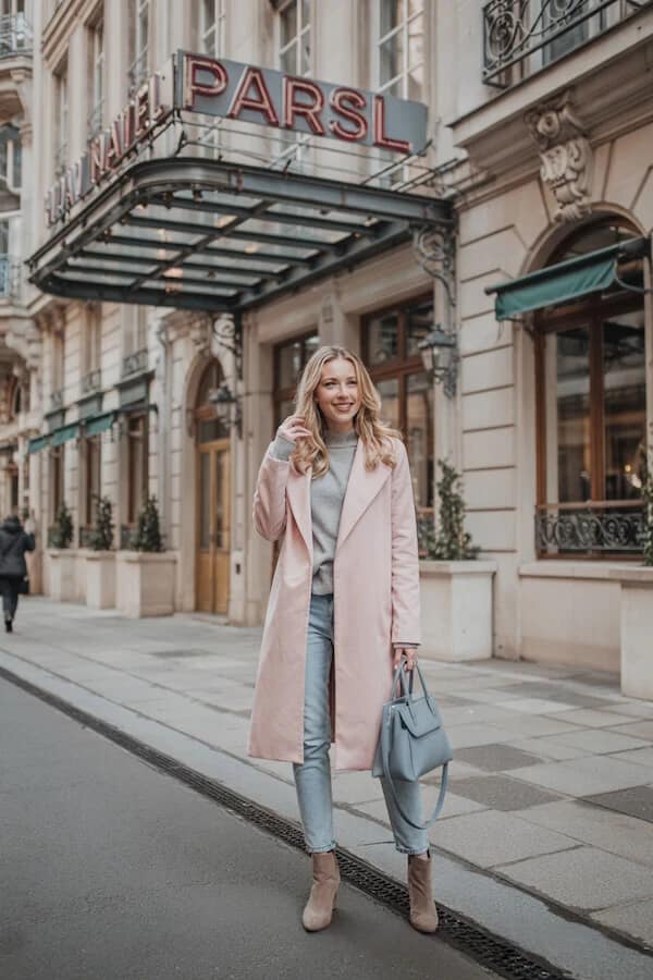 Pink Wool Coat Grey Sweater Outfit Light Wash Jeans