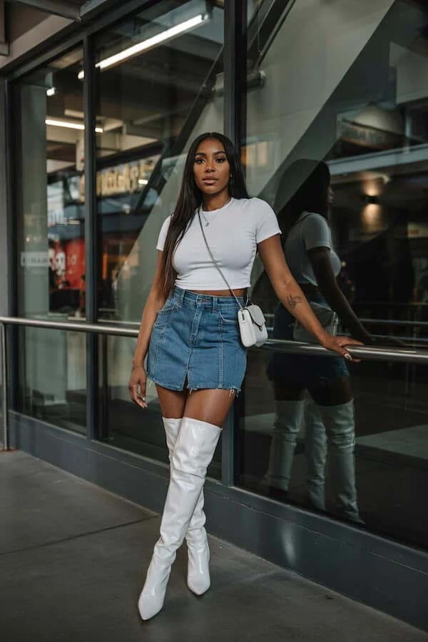 White Crop Top and Denim Mini Skirt with OTK Boots