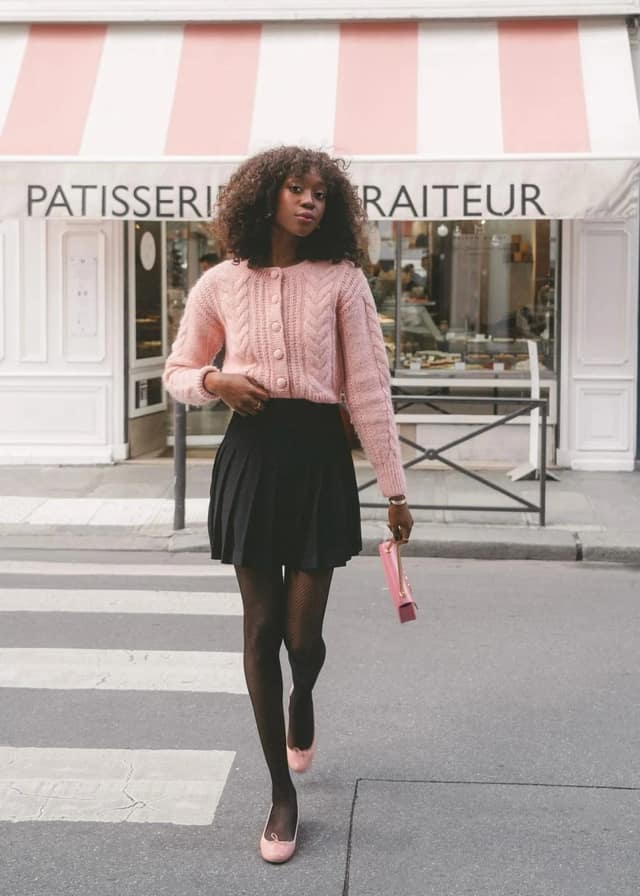 Pink Cable Knit Cardigan Black Pleated Skirt Outfit