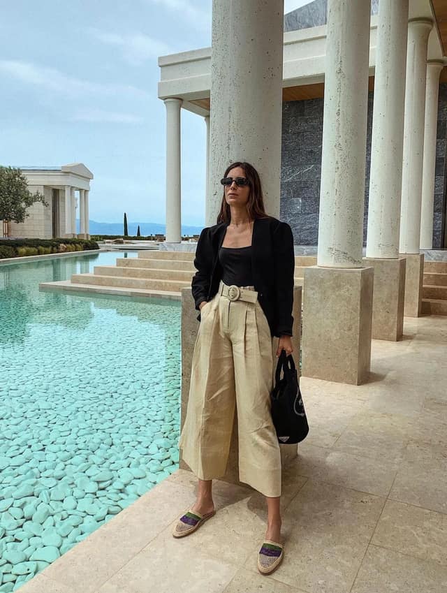 Black Blazer Beige Wide-Leg Trousers Vacation Outfit