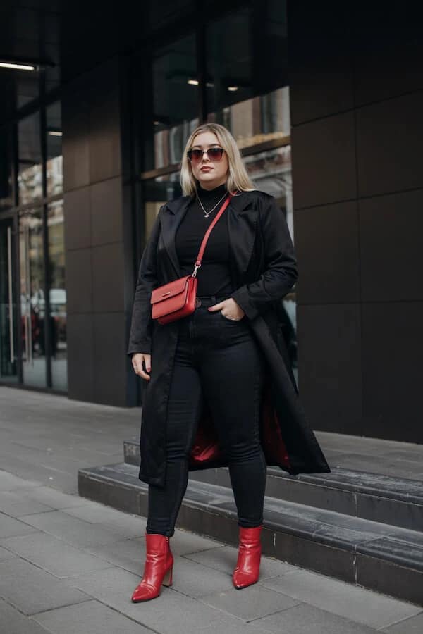 Black Trench Coat Outfit with Red Ankle Boots