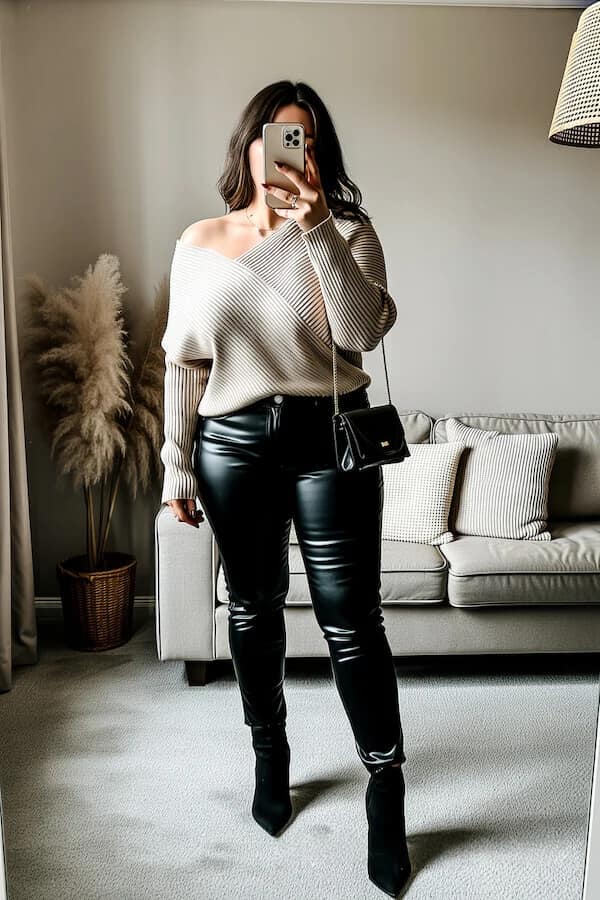 Off-Shoulder Beige Knit with Black Leather Pants