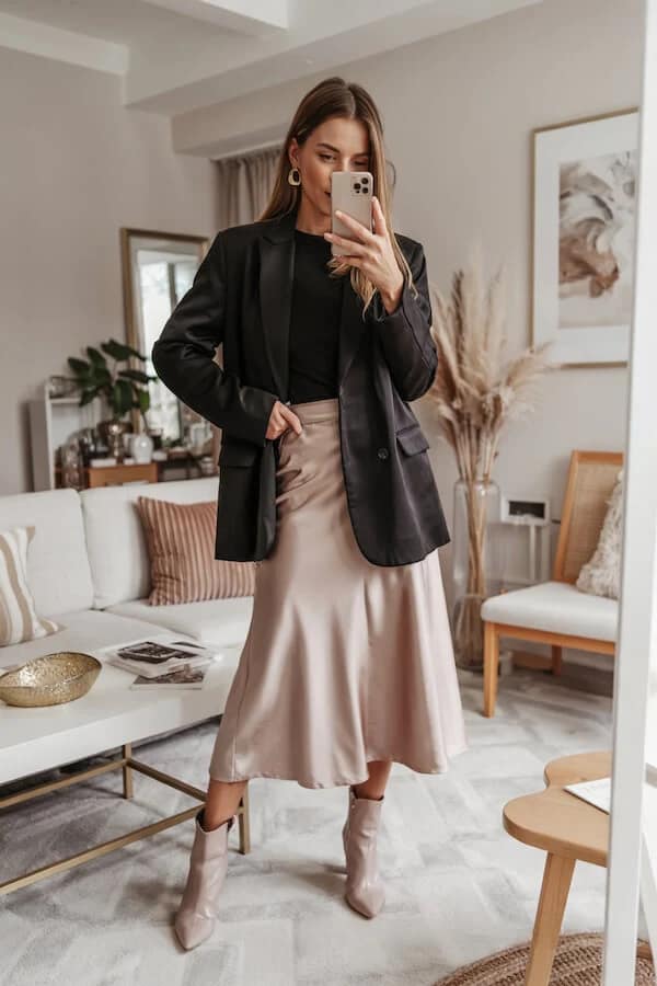 Black Blazer Outfit with Blush Satin Midi Skirt
