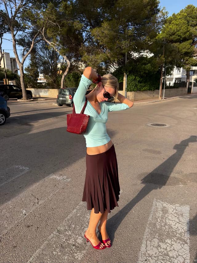 Mint Crop Top Brown Midi Skirt Summer Outfit
