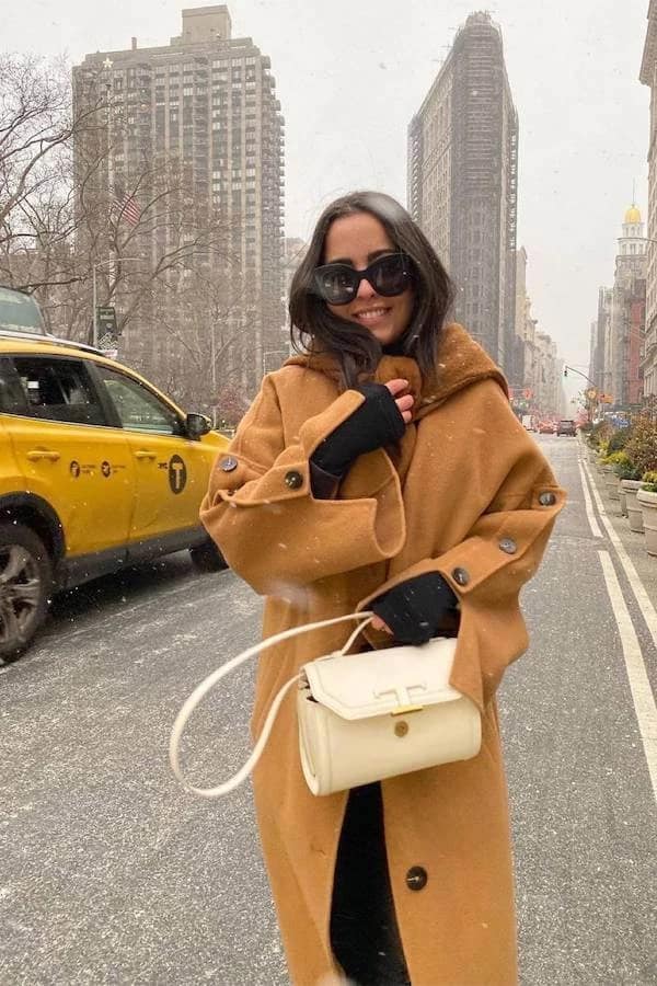 Camel Coat Black Turtleneck Outfit Winter City