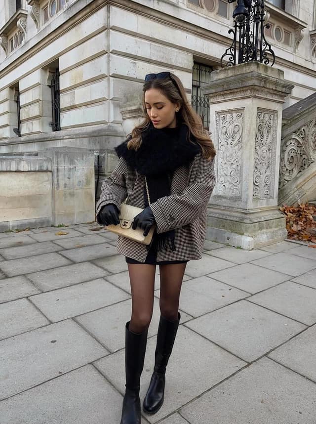 Houndstooth Blazer Black Mini Skirt Knee-High Boots Outfit
