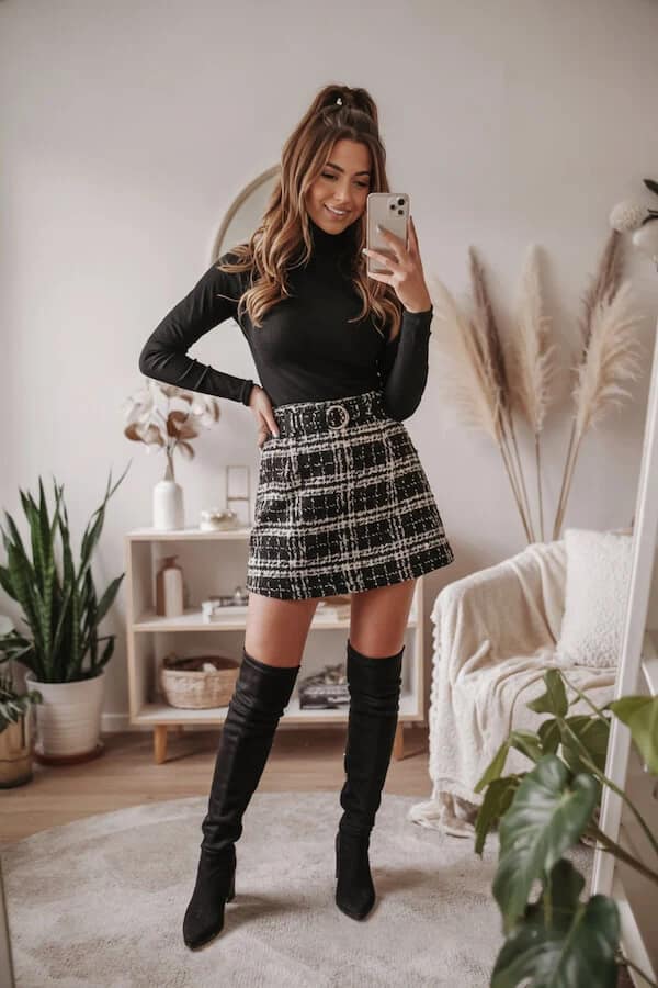 Black Turtleneck Tweed Mini Skirt Over-the-Knee Boots