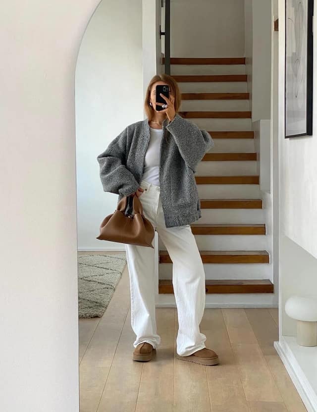 Grey Bomber Jacket Outfit with White Wide-Leg Jeans