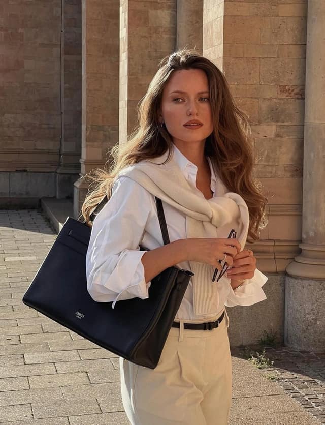 White Shirt Beige Knit Vest Belted Trousers Outfit
