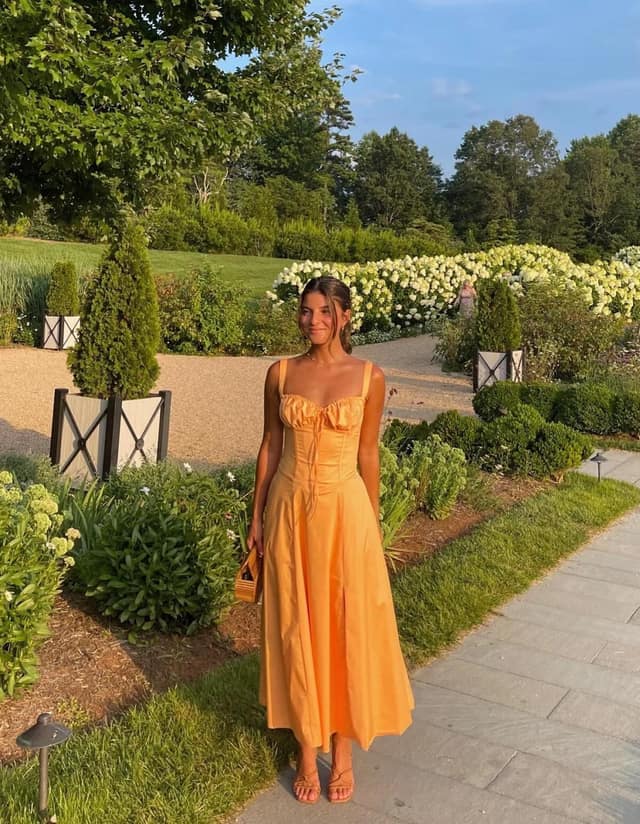 Apricot Linen Midi Dress with Corset Bodice