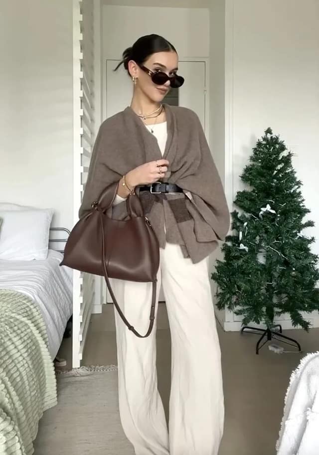 Brown Oversized Cardigan Outfit with Cream Wide-Leg Trousers