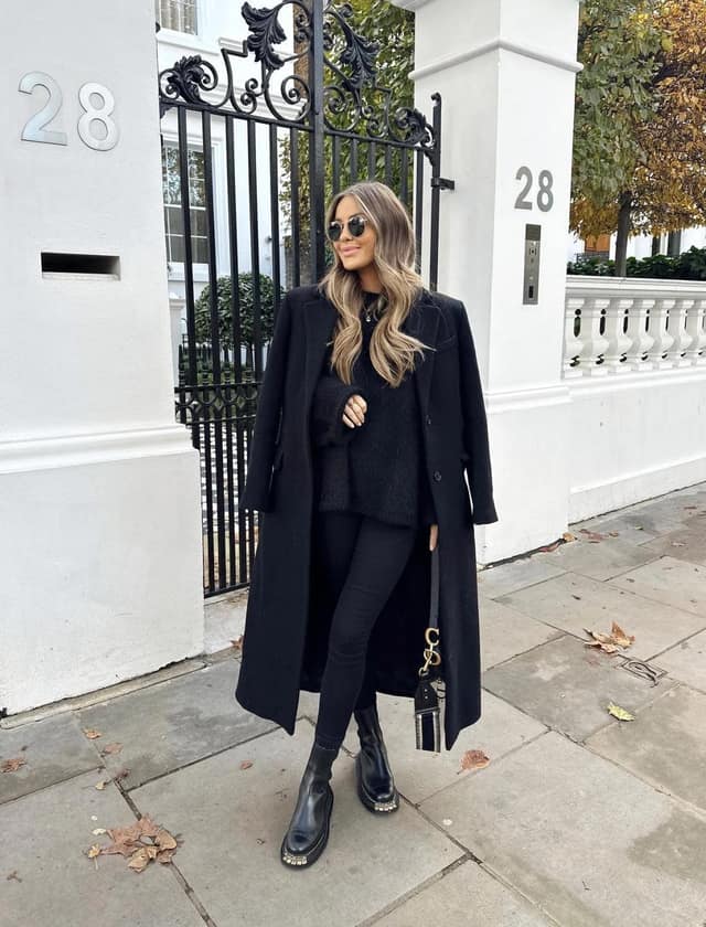 Black Wool Coat Outfit with Fluffy Knit Sweater