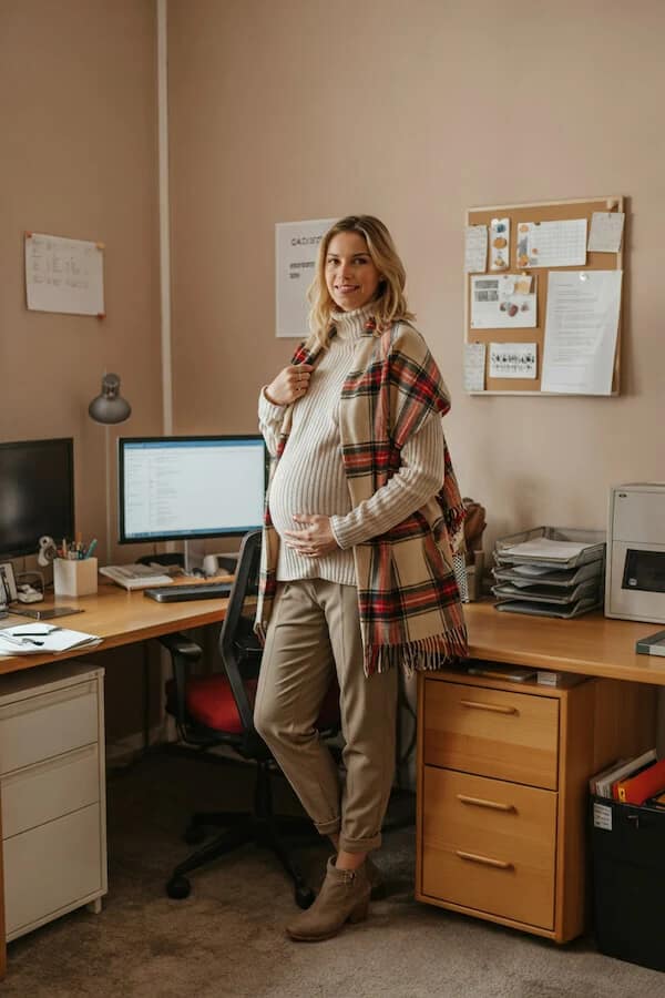 Cream Cable Knit Turtleneck Outfit with Tartan Scarf