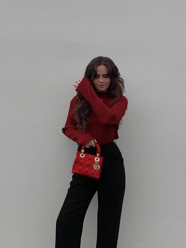 Red Turtleneck Sweater Outfit with Black Wide-Leg Trousers