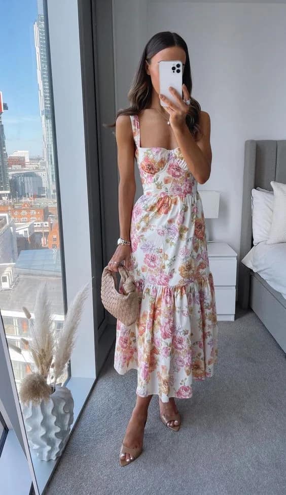 Floral Tiered Midi Dress Outfit with Ruched Bodice