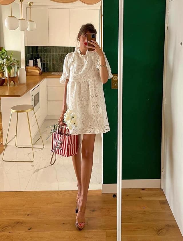 White Broderie Anglaise Dress Outfit with Red Striped Tote