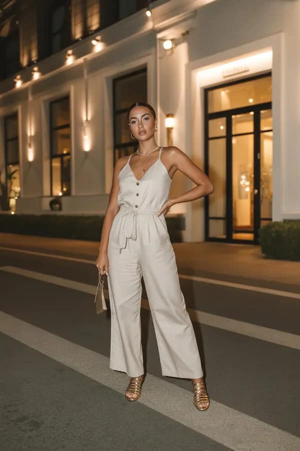 White Linen Wide Leg Trousers Outfit with Strappy Sandals