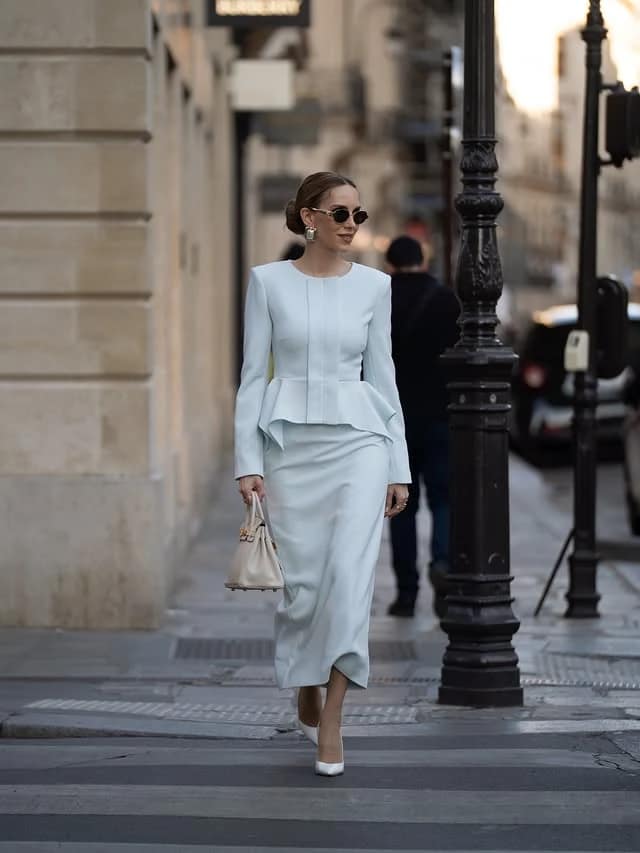 Pale Blue Peplum Suit Outfit with Midi Skirt